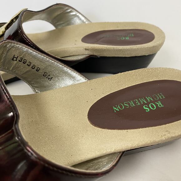 Ros Hommerson Sandals 9 M Brown Tortoise Patent Leather Gold Trim Open Toe Wedge - Picture 5 of 9